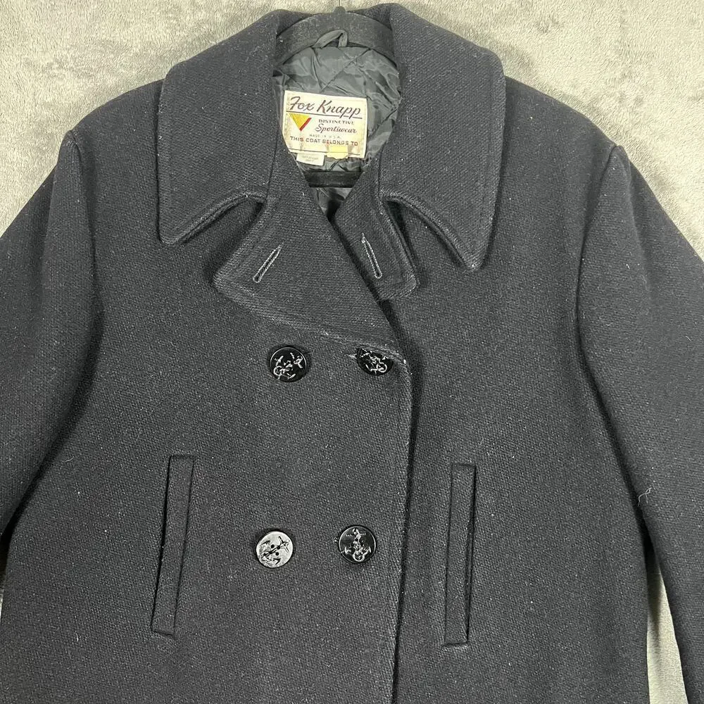 Fox Knapp Mens Vintage Wool Blend Pea Coat Navy Size 20 Classic Military Style‎